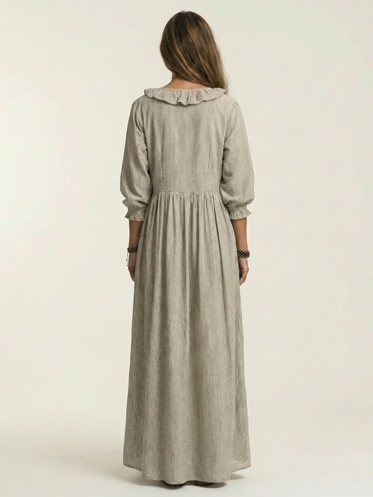 YOSETTA Striped Lantern-Sleeve Maxi Dress