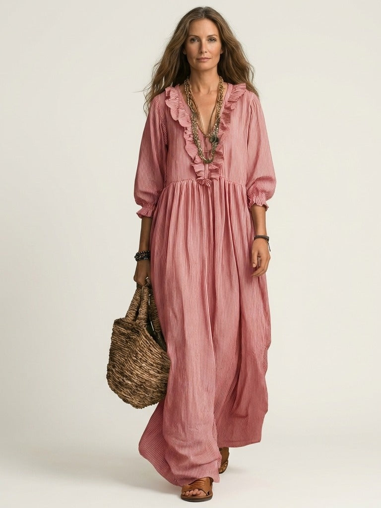 YOSETTA Striped Lantern-Sleeve Maxi Dress - Pink