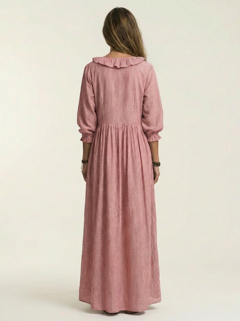 YOSETTA Striped Lantern-Sleeve Maxi Dress
