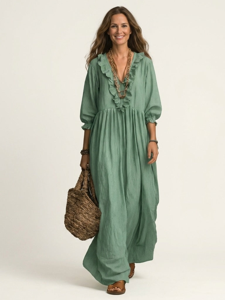 YOSETTA Striped Lantern-Sleeve Maxi Dress - Green