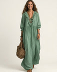YOSETTA Striped Lantern-Sleeve Maxi Dress - Green