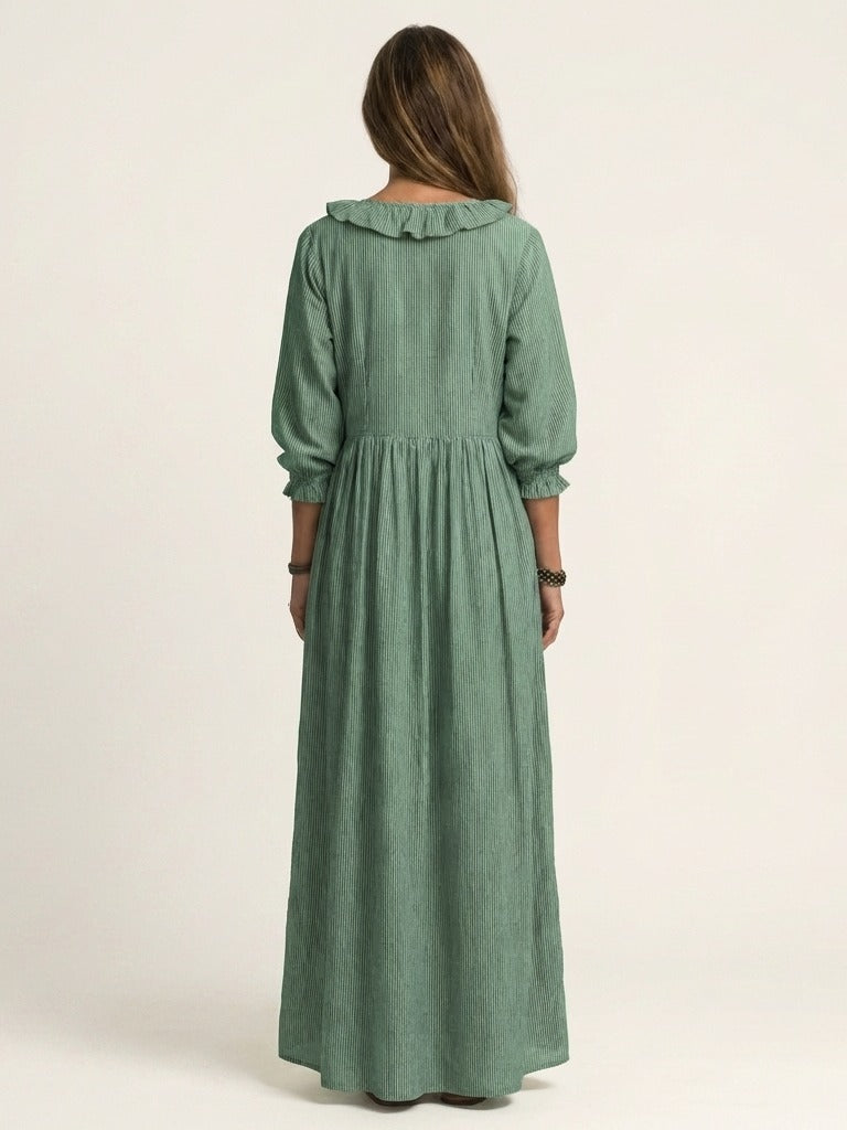 YOSETTA Striped Lantern-Sleeve Maxi Dress